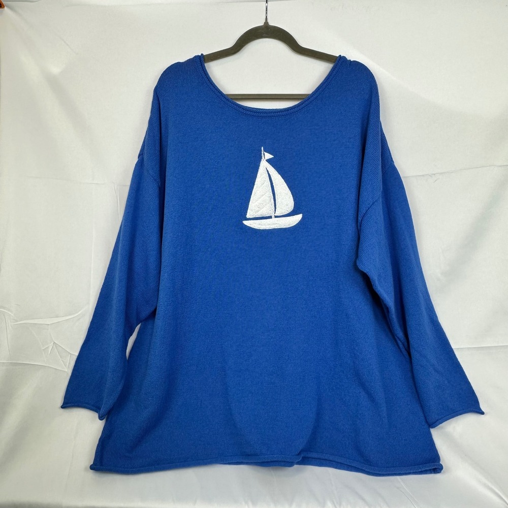Belle by Kim Gravel Womens 2X Blue Sailboat Knit Sweater Nautical Scoop‎ Neck